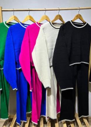 Прогулочный вязаный костюм в рубчик штаны длинные платья укороченный свитер топ с длинным рукавом яр2 фото