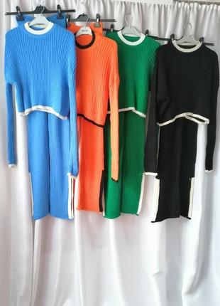 Прогулочный вязаный костюм в рубчик штаны длинные платья укороченный свитер топ с длинным рукавом яр5 фото