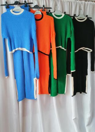 Прогулочный вязаный костюм в рубчик штаны длинные платья укороченный свитер топ с длинным рукавом яр6 фото