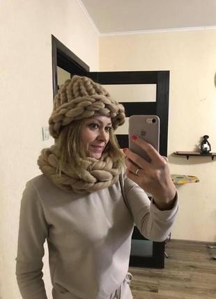 Мериносова шапка тепла зимова в‘язана об‘ємна з шерсті мериноса хельсінки9 фото