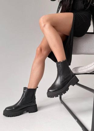 Зимние женские кожаные сапоги с мехом шерстью челси натуральная кожа черные ботинки зима теплые и удобные