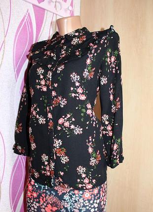 Блуза рубашка черная в мелкий принт / с рюшками, 3/4, 42