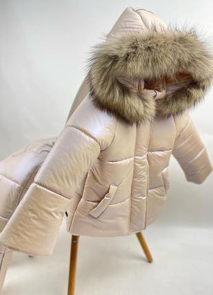 Зимний костюм бежевый с мехом енота на флисе до -30 мороза2 фото