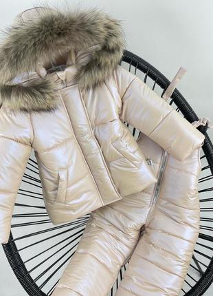 Зимний костюм бежевый с мехом енота на флисе до -30 мороза3 фото