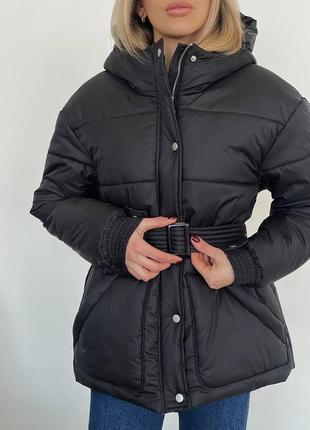 Пуховик куртка с большими карманами и поясом6 фото