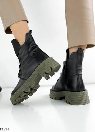 Зимние женские кожаные ботинки с мехом овчина натуральная кожа черные сапоги зелёная подошва зима теплые и удобные топ качество милитари5 фото