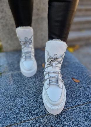 Зимние женские кожаные теплые сапоги с шерстью натуральная кожа зима белые сапожки ботинки хайтопы5 фото
