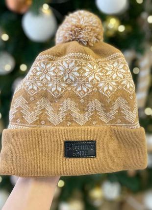 Шапка шерстяна❄зимова шапка з бомбоном, зі сніжинками