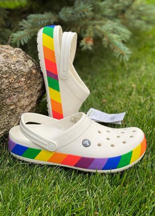 Кроксы белые радуга сабо crocs crocband rainbow block clog white