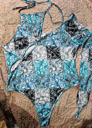 Шикарный стильный боди купальник одним рукавом и оголенным плечом