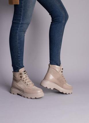 Ботинки женские замша и кожа, бежевые, на шнурках, зимние8 фото