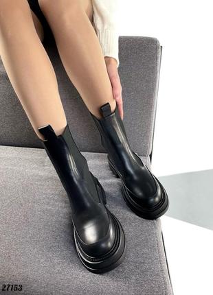 Зимние женские кожаные сапоги челси с мехом натуральная кожа тренд зима ботинки черные8 фото