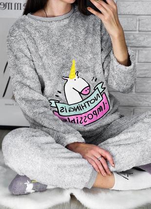 Женская теплая серая махровая зимняя пижама брюки с манжетами и карманами с единорогом подарок подруге, сестре, девушке