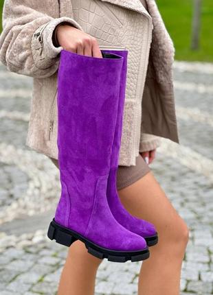 Фиолетовые сапоги натуральная кожа замш питон осень зима