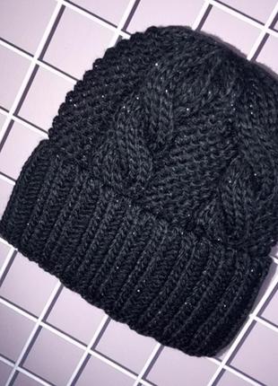 Теплая женская вязаная (с люрексом) шапка на полном флисе