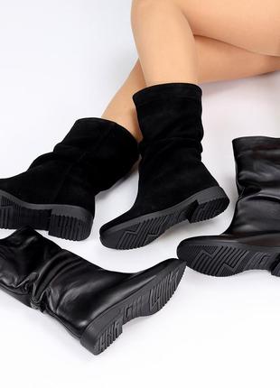 Натуральні шкіряні та замшеві зимові чорні черевики - напівчоботи3 фото