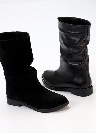 Натуральні шкіряні та замшеві зимові чорні черевики - напівчоботи2 фото