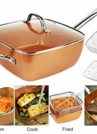 Сковорідка-фритюрниця квадратна з кришкою top kitchen bn-8001, універсальна сковорода антипригарне покриття