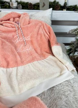 Персиково-білі м’яка махрова піжама/домашній костюм3 фото