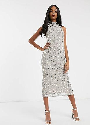 Шикарное платье миди обшитое камнями asos disign
