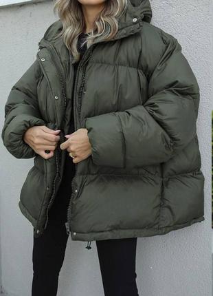 Куртка пуховик с капюшоном дутик хаки милитари теплая зима осень5 фото