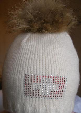 Вовняна Шапочка зимова з натуральним помпоном з єнота2 фото