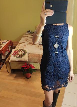 Коктельное синє мереживну сукню без рукавів, дороге мереживо xs-s1 фото