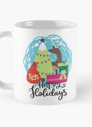 Чашка керамічна кружка з принтом happy cholidays ялинка біла 330 мл