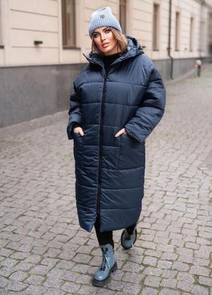 Зимове довге пальто пуховик на підкладці плащевка стьобане дуте з капюшоном накладні кишені поперечне8 фото