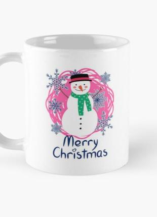 Чашка керамическая кружка с принтом merry christmas снеговик белая 330 мл