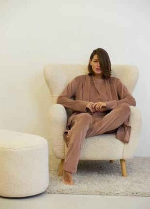 Домашній велюровий комплект футболка, штани, халат5 фото