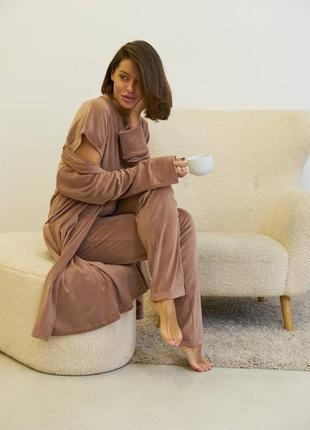 Домашній велюровий комплект футболка, штани, халат3 фото