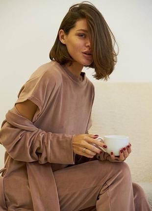 Домашній велюровий комплект футболка, штани, халат2 фото