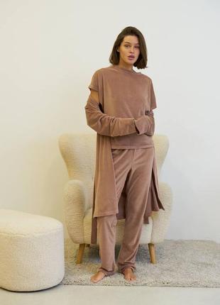 Домашній велюровий комплект футболка, штани, халат4 фото