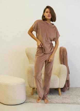 Домашній велюровий комплект футболка, штани, халат10 фото