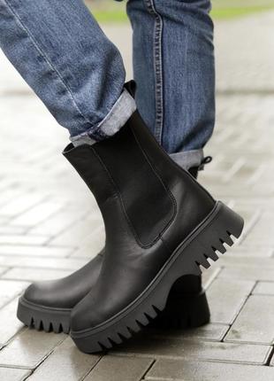 Челси ботинки зимние с мехом кожаные черные