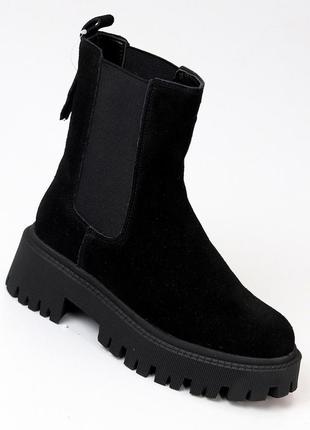Натуральна замша зимові високі чорні черевики челсі натуральне хутро чорні2 фото