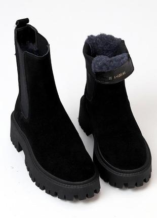 Натуральна замша зимові високі чорні черевики челсі натуральне хутро чорні5 фото
