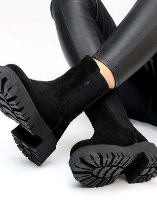 Натуральна замша зимові високі чорні черевики челсі натуральне хутро чорні6 фото