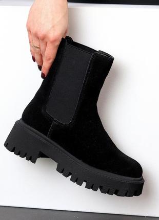 Натуральна замша зимові високі чорні черевики челсі натуральне хутро чорні8 фото