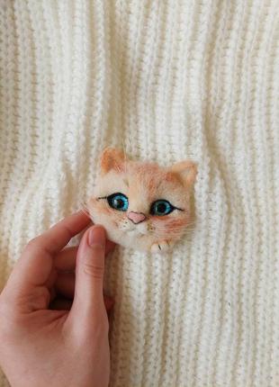 Брошь рыжий котик, котоброшь, брошка кот котёнок, сухое валяние, войлочная брошь