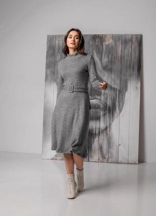 Трикотажное теплое женское серое платье с пышной юбкой а-силуэта 46-527 фото