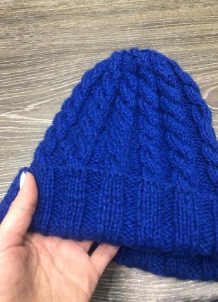 Новый яркий синий натуральный тёплый комплект шапка манишка варежки2 фото