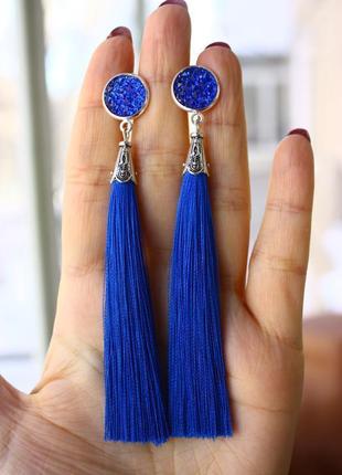 Сережки кисті пензлики сині електрик з красивим каменем