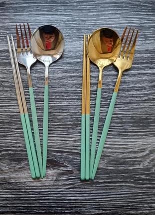 Набір ❤️❤️❤️ 4шт столові прилади нержавіюча сталь ложка вилка палички для їжі суші3 фото