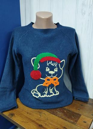 Джемпер женский синий теплый новогодний свитерок с кошечкой1 фото
