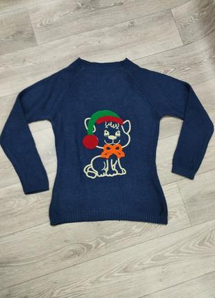 Джемпер женский синий теплый новогодний свитерок с кошечкой2 фото