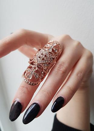 Екстравагантне коктельне кільце перстень на весь палець зі стразами метал під рожеве золото art deco