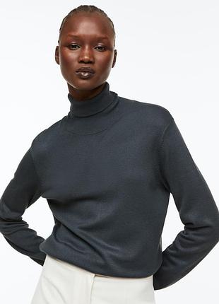 Тонкий светр з високим горлом h&m водолазка тонкої в'язки з м'якого трикотажу гольф в рубчик зелений