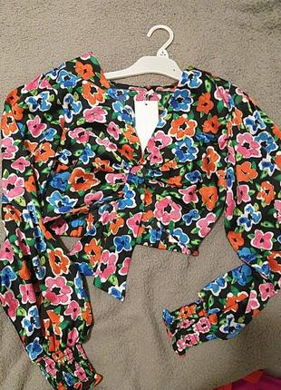 Шикарная блуза топ с пышными рукавами в цветочный принт amisu zara oysho4 фото